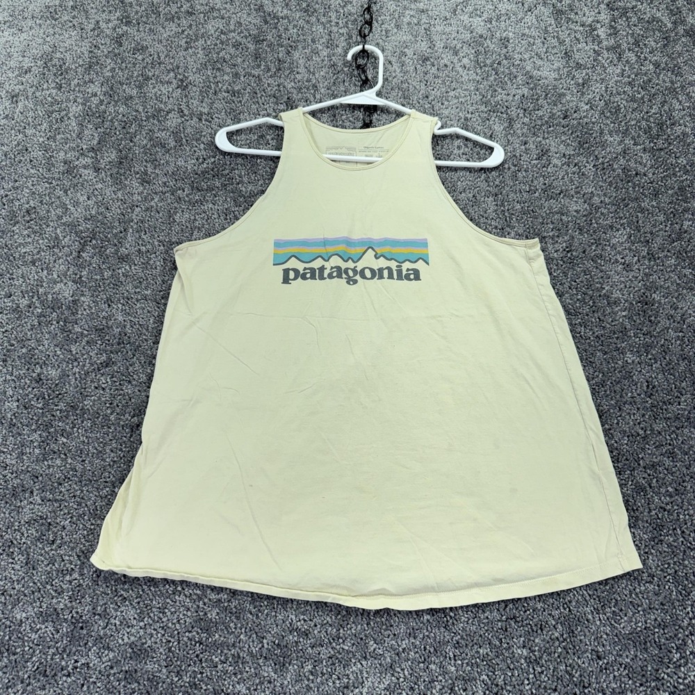 Patagonia Tank Top Womens Medium Yellow Organic Cotton Logo Scoop Casual Graphic